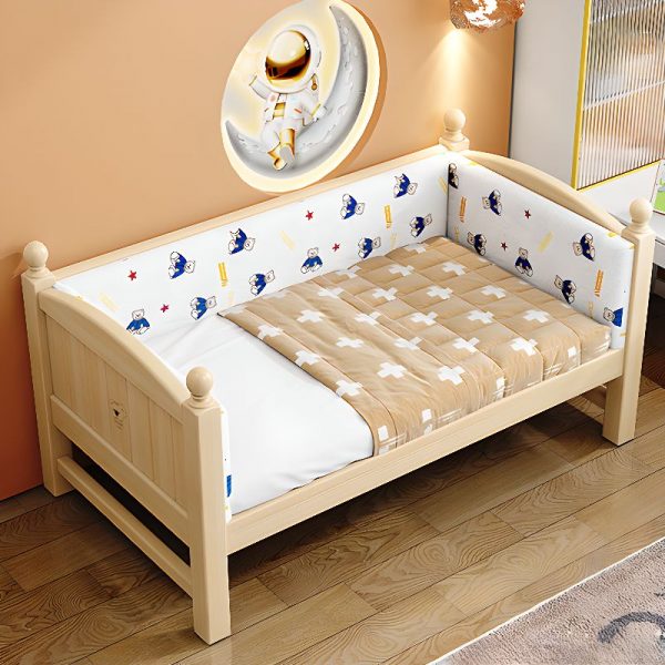 "Simple Wood Color Wood Standard Children Bed Gender Neutral with Guardrail, Coir"