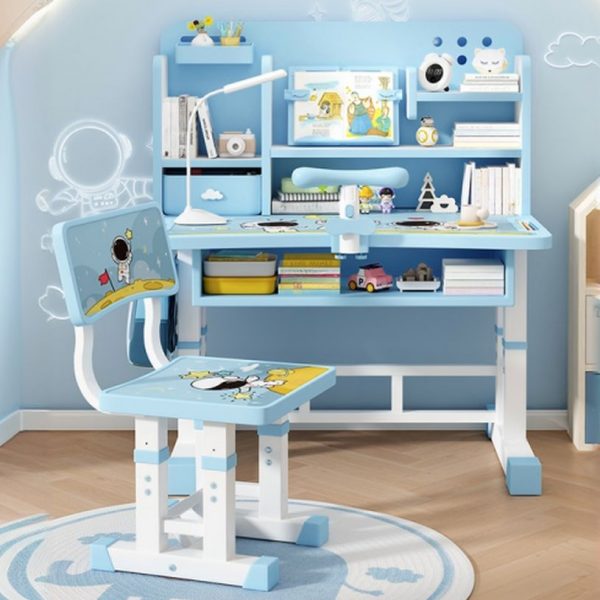 "Magenta/Azure Wood Kids Desk with Chair, Adjustable Height, Drawer, Shelf & Hutch"