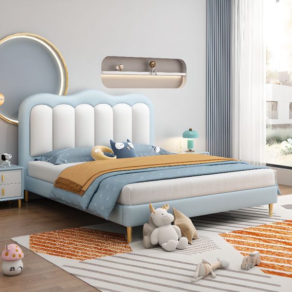 "Simplistic Cerulean Timber Gender Neutral Standard Children Bed with Pu Leather Headboard"
