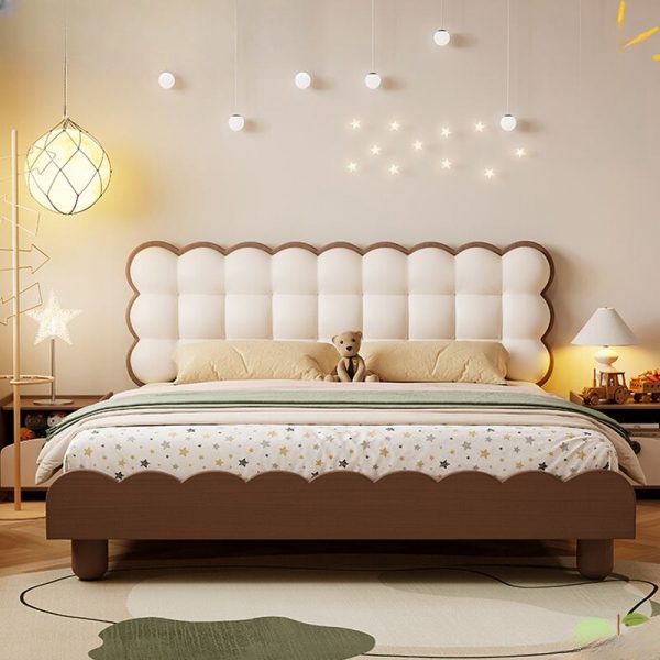 "Art Deco Gender Neutral Lumber Faux Leather Standard Children Bed in Brown with Headboard and Coir"