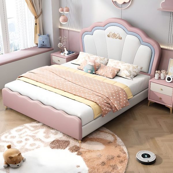 "Princess Girl/ Woman+ Natural Wood Standard Kids Bed in Rose with Vinyl Leather, Headboard and Footboard"